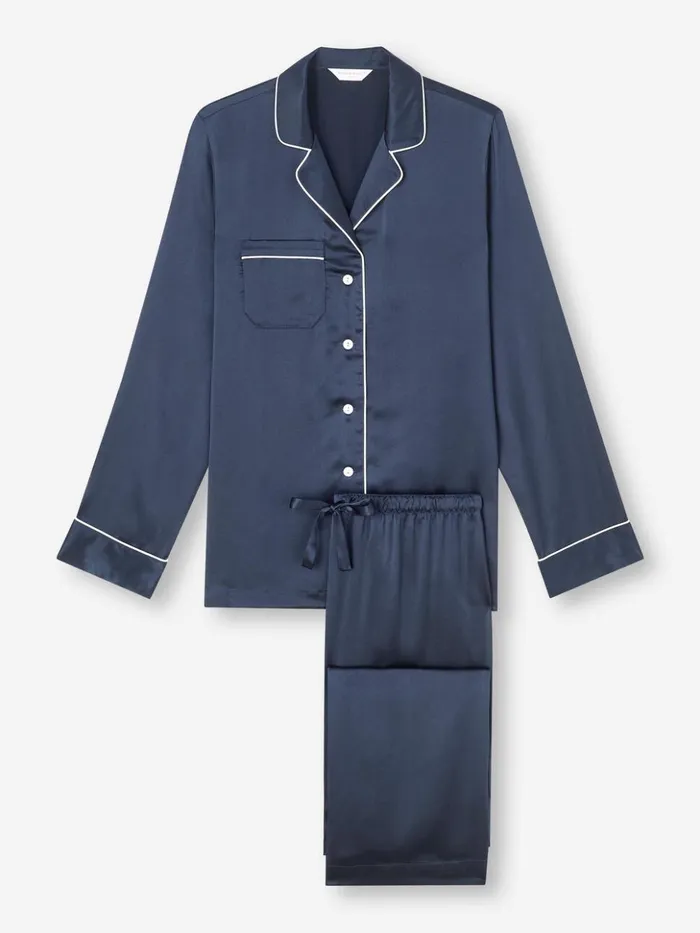 Women Pajamas Bailey Silk Satin Navy Derek Rose Silk Pajamas