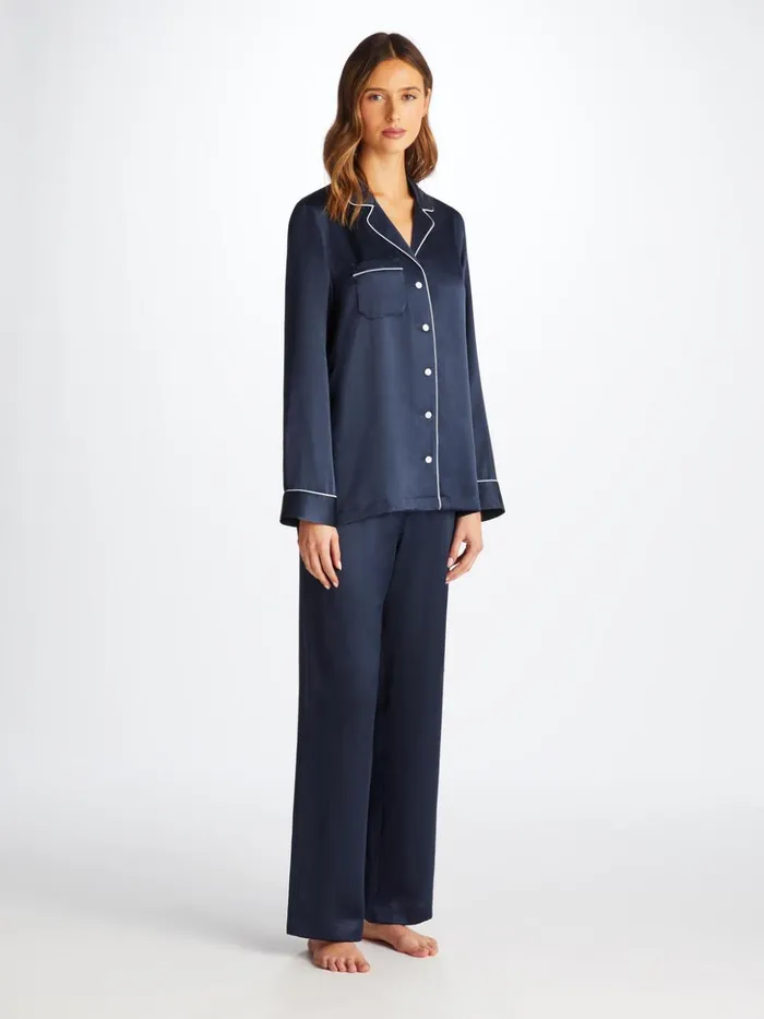 Women Pajamas Bailey Silk Satin Navy Derek Rose Silk Pajamas