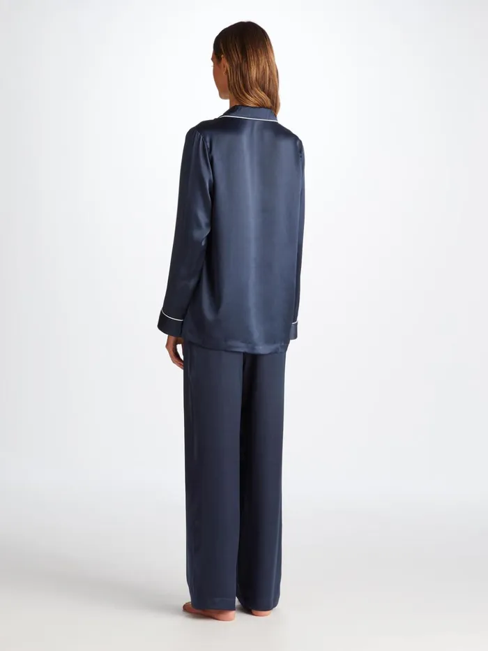 Women Pajamas Bailey Silk Satin Navy Derek Rose Silk Pajamas
