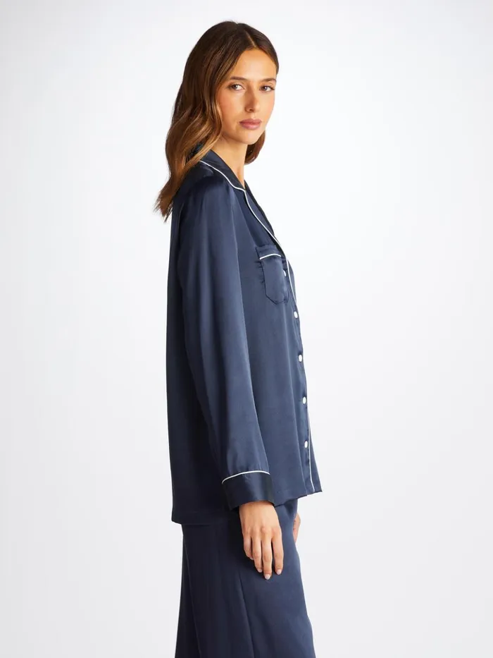 Women Pajamas Bailey Silk Satin Navy Derek Rose Silk Pajamas