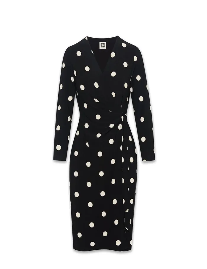 Women Petite Dot Print Faux Wrap Dress Anne Blackanne White Anne Klein Dresses and Jumpsuits