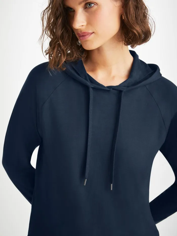Women Pullover Hoodie Basel Micro Modal Stretch Navy Derek Rose Hooded Tops