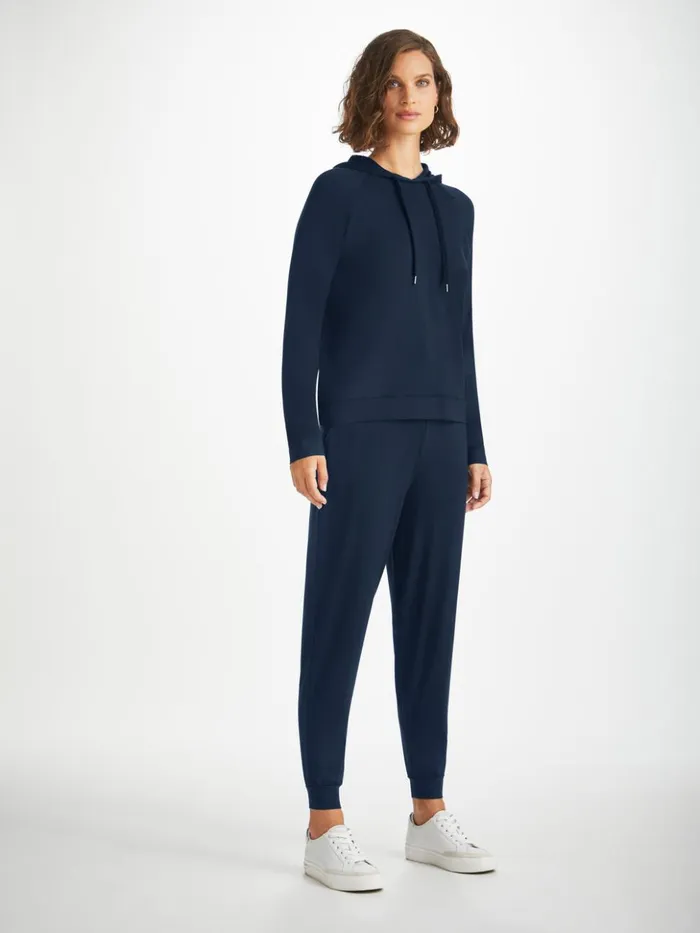 Women Pullover Hoodie Basel Micro Modal Stretch Navy Derek Rose Hooded Tops