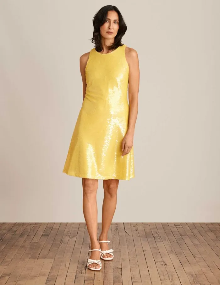Women Sequin Sleeveless Swing Dress Tuscan Yellow Anne Klein Dresses and Jumpsuits