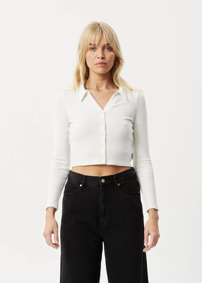Women Shirts Afends AFENDS Womens Eliza 8211 Ribbed Long Sleeve Shirt 8211 Off White