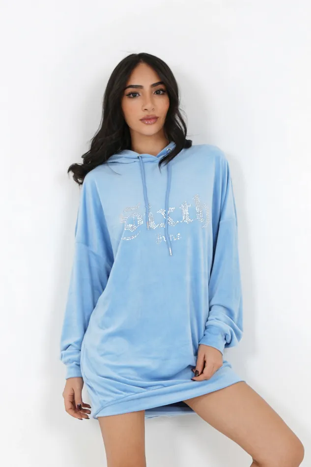 Women Sixth June Paris Dresses and Jumpsuits Velvet Strass Hoodie Dress Blue