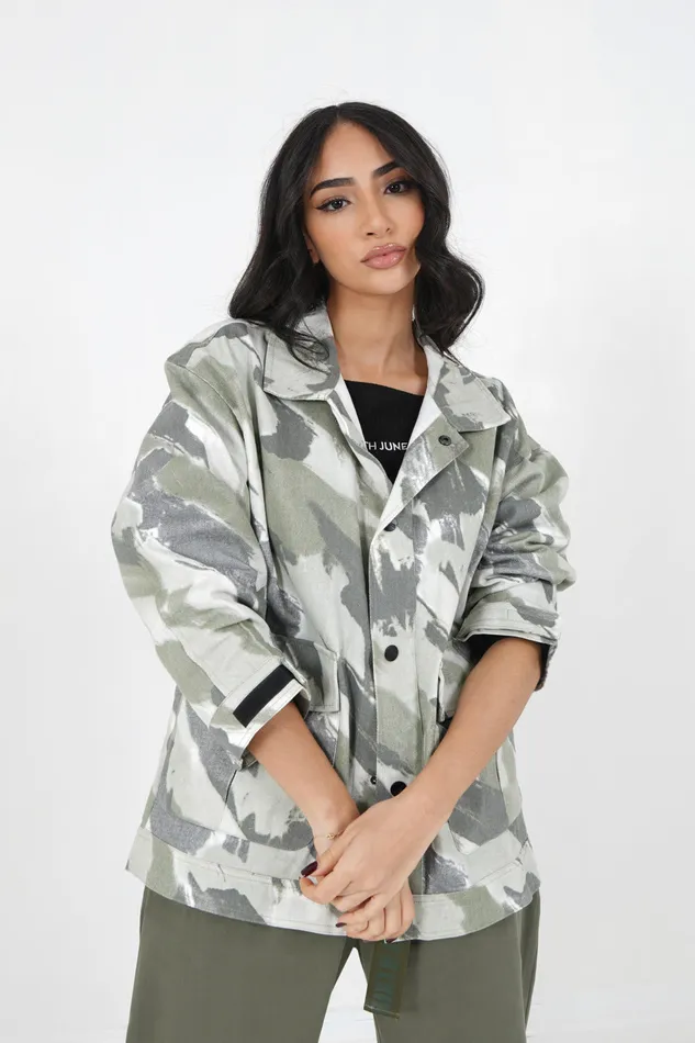 Women Sixth June Paris Outerwear Camouflage Oversized Jacket Khaki Green