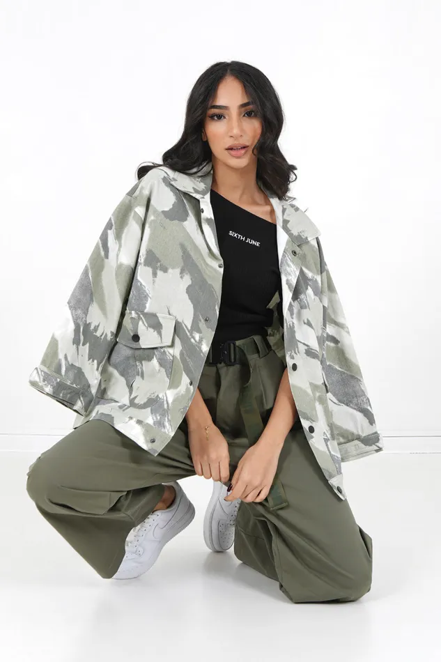 Women Sixth June Paris Outerwear Camouflage Oversized Jacket Khaki Green Women Sixth June Paris Outerwear Camouflage Oversized Jacket Khaki Green