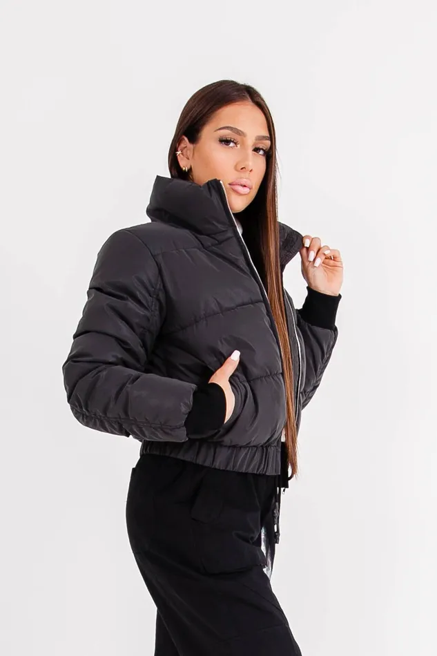 Women Sixth June Paris Outerwear Reflective High Collar Puffer Jacket Black Women Sixth June Paris Outerwear Reflective High Collar Puffer Jacket Black