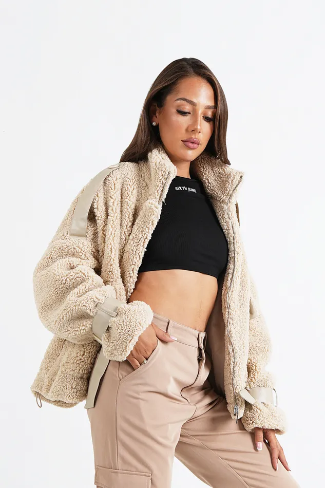 Women Sixth June Paris Outerwear Sherpa Aviator Jacket Beige Women Sixth June Paris Outerwear Sherpa Aviator Jacket Beige