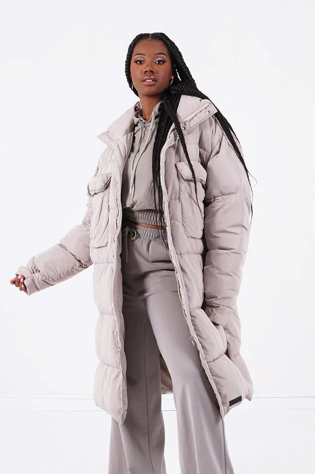 Women Sixth June Paris Outerwear Very Long Pockets Puffer Beige Women Sixth June Paris Outerwear Very Long Pockets Puffer Beige
