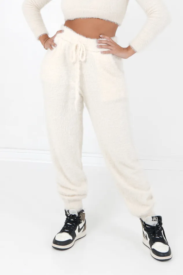 Women Sixth June Paris Pants Joggers Leggings Fluffy Joggers Beige White
