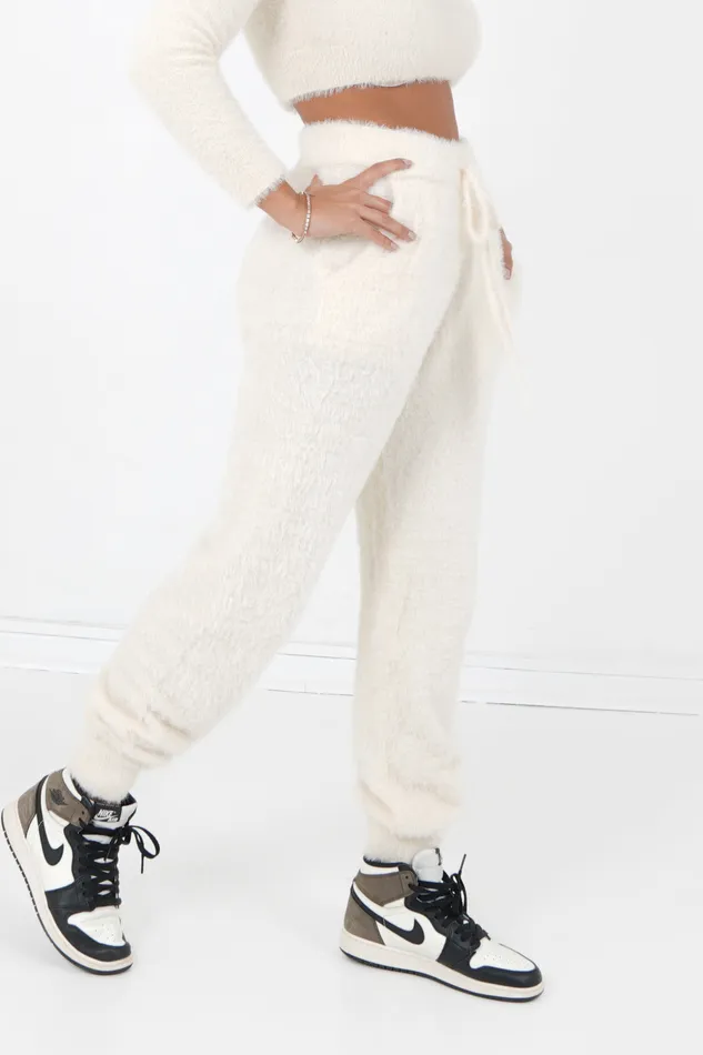 Women Sixth June Paris Pants Joggers Leggings Fluffy Joggers Beige White Women Sixth June Paris Pants Joggers Leggings Fluffy Joggers Beige White