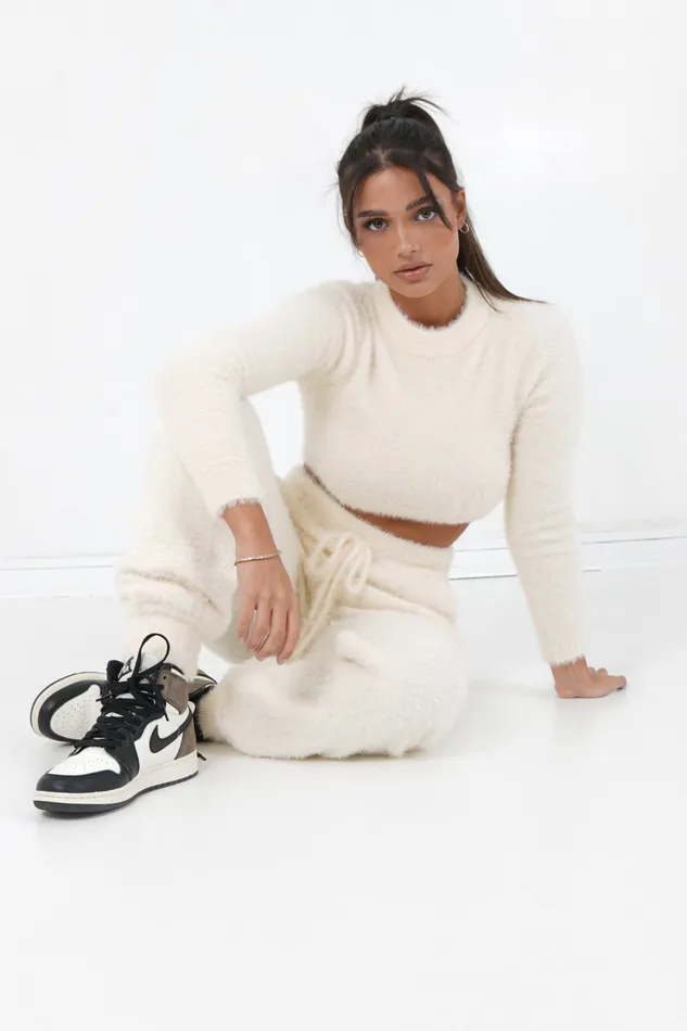 Women Sixth June Paris Pants Joggers Leggings Fluffy Joggers Beige White Women Sixth June Paris Pants Joggers Leggings Fluffy Joggers Beige White