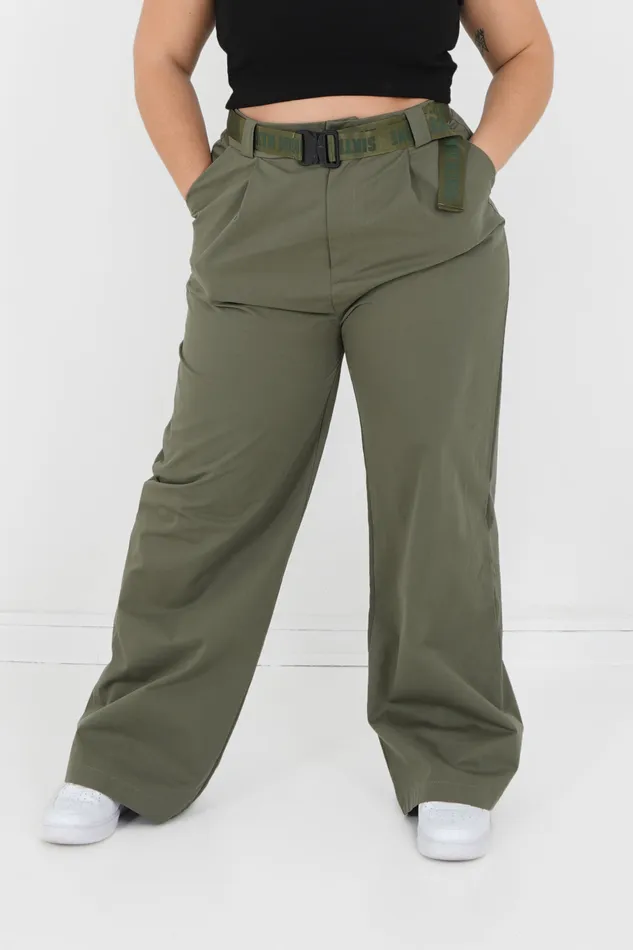 Women Sixth June Paris Pants Joggers Leggings Twill Wide Leg Pants Curve Khaki Green