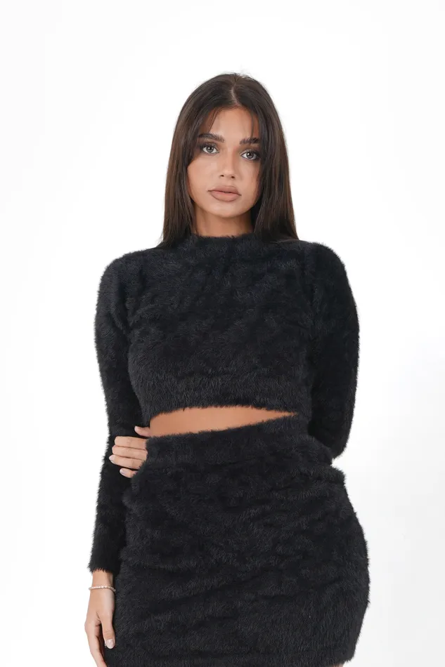 Women Sixth June Paris Sweats Knitwear Fluffy Cropped Sweatshirt Black