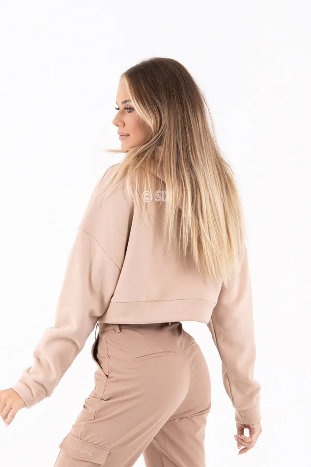 Women Sixth June Paris Sweats Knitwear Logo Cropped Hoodie Beige Women Sixth June Paris Sweats Knitwear Logo Cropped Hoodie Beige