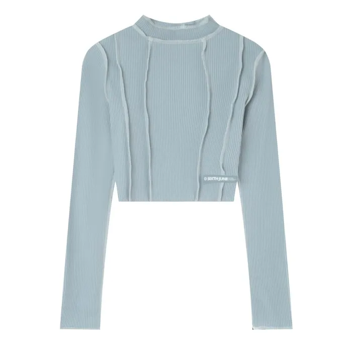 Women Sixth June Paris Tshirts Bodysuits Tops Overcast Seams Long Sleeves Top Blue Women Sixth June Paris Tshirts Bodysuits Tops Overcast Seams Long Sleeves Top Blue