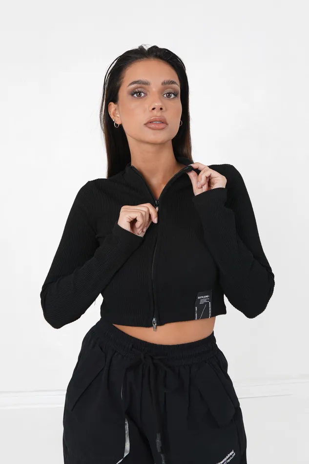 Women Sixth June Paris Tshirts Bodysuits Tops Ribbed Zipped Top Black