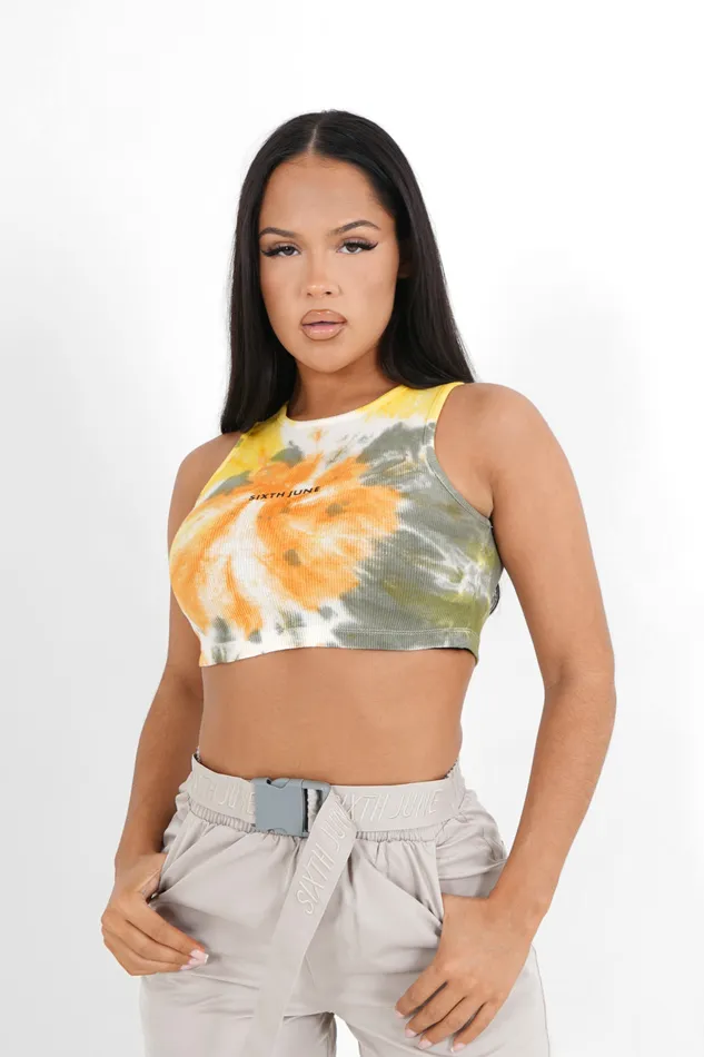 Women Sixth June Paris Tshirts Bodysuits Tops Spiral Tie Dye Crop Top Orange Multi