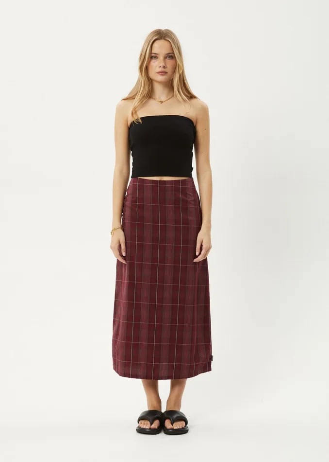 Women Skirts Afends AFENDS Womens Eboni 8211 Check Midi Skirt 8211 Port