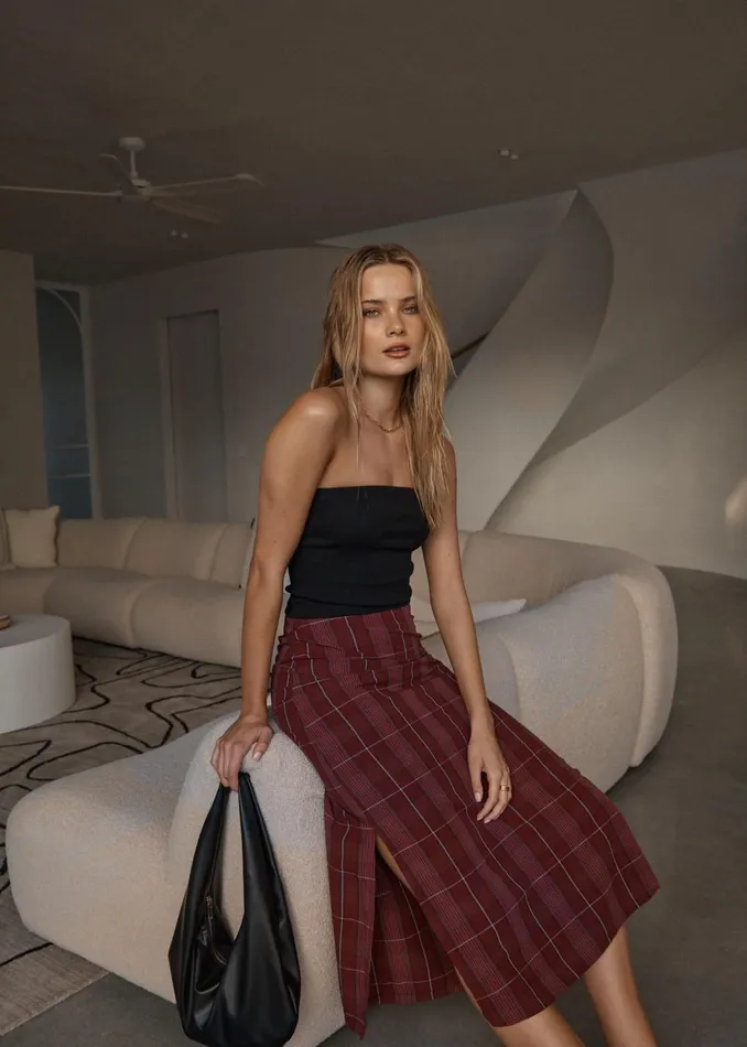 Women Skirts Afends AFENDS Womens Eboni 8211 Check Midi Skirt 8211 Port