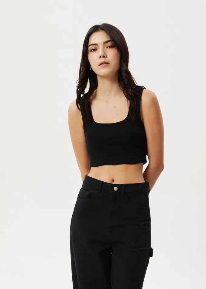 Women Sleeveless Afends AFENDS Womens Chia 8211 Ribbed Cropped Singlet 8211 Black