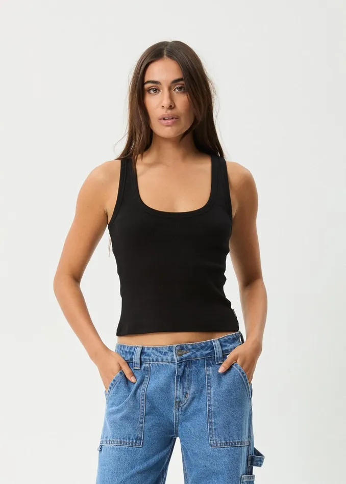 Women Sleeveless Afends AFENDS Womens Layden 8211 Rib Singlet 8211 Black