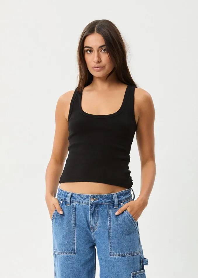 Women Sleeveless Afends AFENDS Womens Layden 8211 Rib Singlet 8211 Black