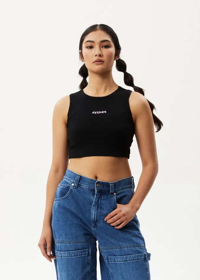 Women Sleeveless Afends AFENDS Womens Lilah 8211 Pointelle Cropped Tank 8211 Black
