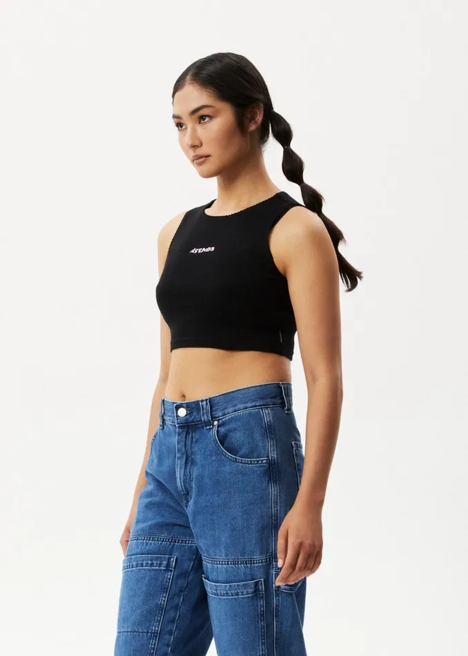 Women Sleeveless Afends AFENDS Womens Lilah 8211 Pointelle Cropped Tank 8211 Black