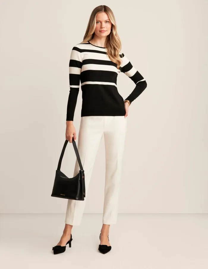 Women Striped Crew Neck Pullover Anne Blkanne Wht Anne Klein Sweaters