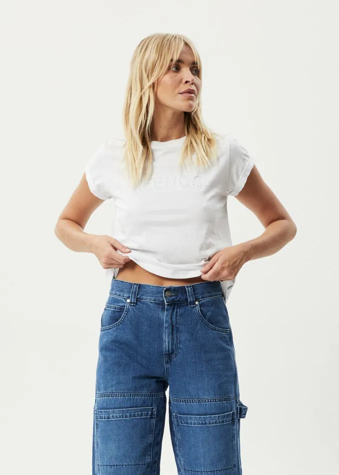 Women TShirts Afends AFENDS Womens Cutback 8211 Roll Cuff TShirt 8211 White