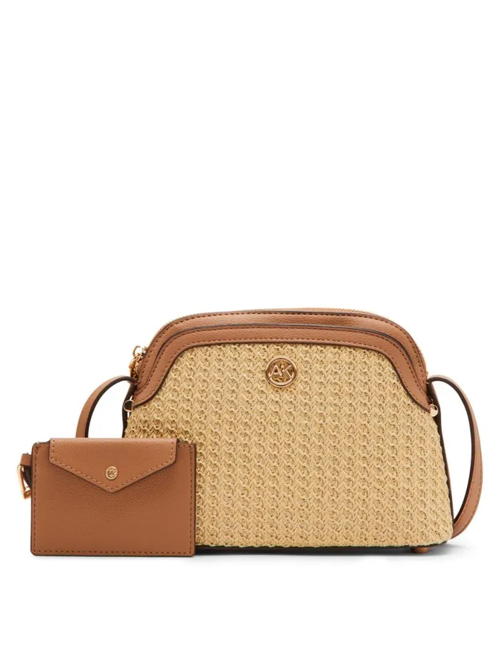 Women Texturized Straw Dome Crossbody With Card Case Naturalanne White Anne Klein Crossbody Bags