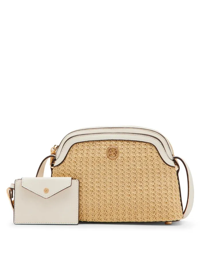 Women Texturized Straw Dome Crossbody With Card Case Naturalsunbaked Anne Klein Crossbody Bags