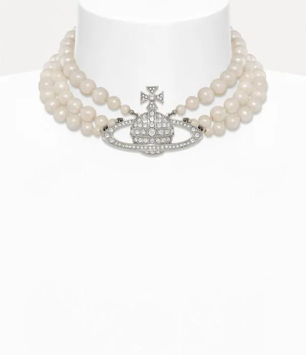 Women Three Row Pearl Bas Relief Choker Silver Viviennewestwood Necklaces