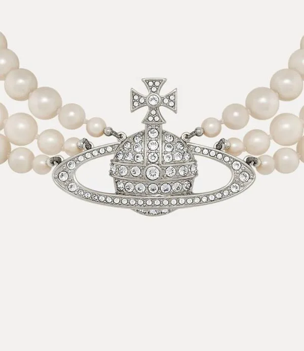 Women Three Row Pearl Bas Relief Choker Silver Viviennewestwood Necklaces