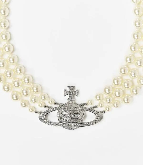 Women Three Row Pearl Bas Relief Choker Silver Viviennewestwood Necklaces
