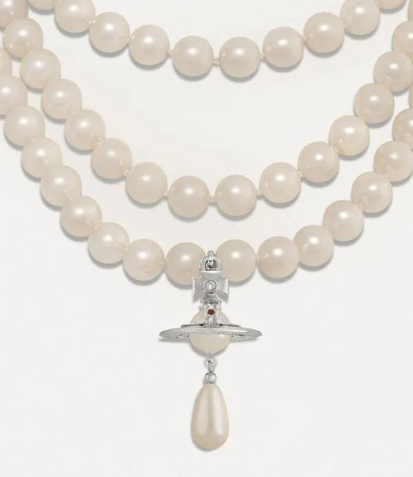 Women Three Row Pearl Drop Choker Silver Viviennewestwood Necklaces Women Three Row Pearl Drop Choker Silver Viviennewestwood Necklaces