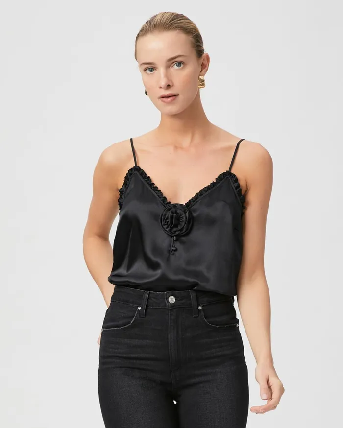 Women Tops and Blouses PAIGE Reina Cami Rosette 8211 Black Silk Satin