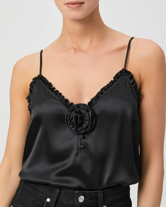 Women Tops and Blouses PAIGE Reina Cami Rosette 8211 Black Silk Satin Women Tops and Blouses PAIGE Reina Cami Rosette 8211 Black Silk Satin