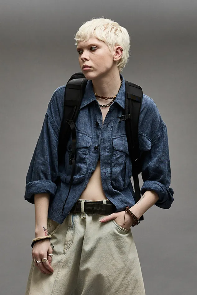 Women Tops R13 Cropped Bellow Pocket Shirt 8211 Indigo Blue