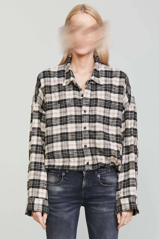 Women Tops R13 Gathered Hem Workshirt 8211 BeigeBlack Plaid