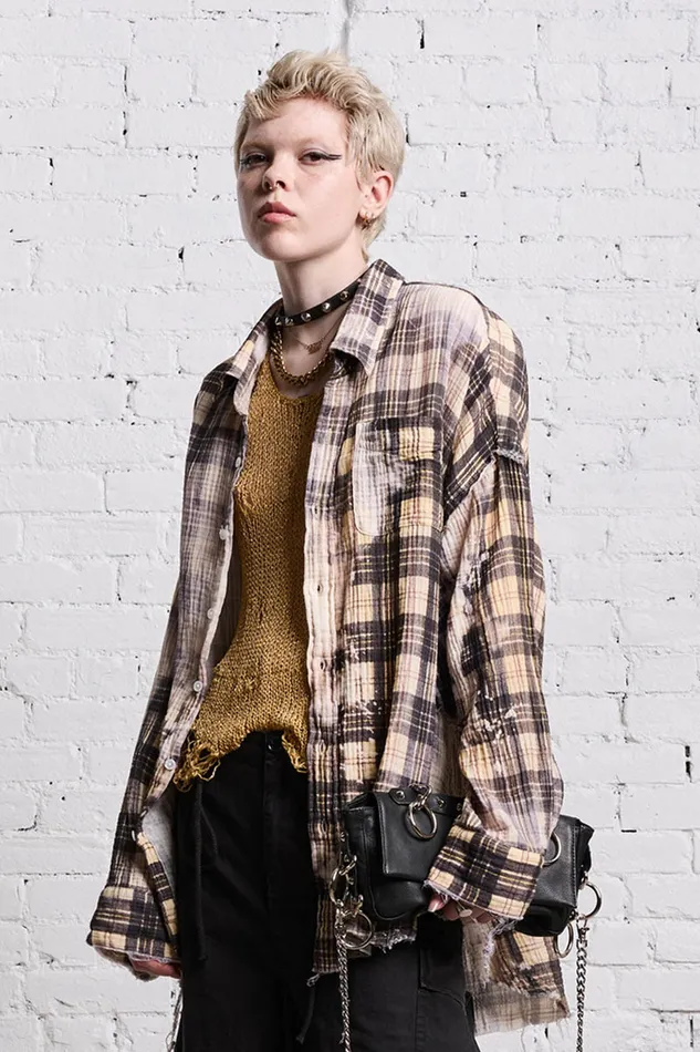 Women Tops R13 Shredded Seam Drop Neck 8211 Bleach Printed Plaid