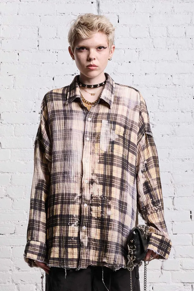 Women Tops R13 Shredded Seam Drop Neck 8211 Bleach Printed Plaid