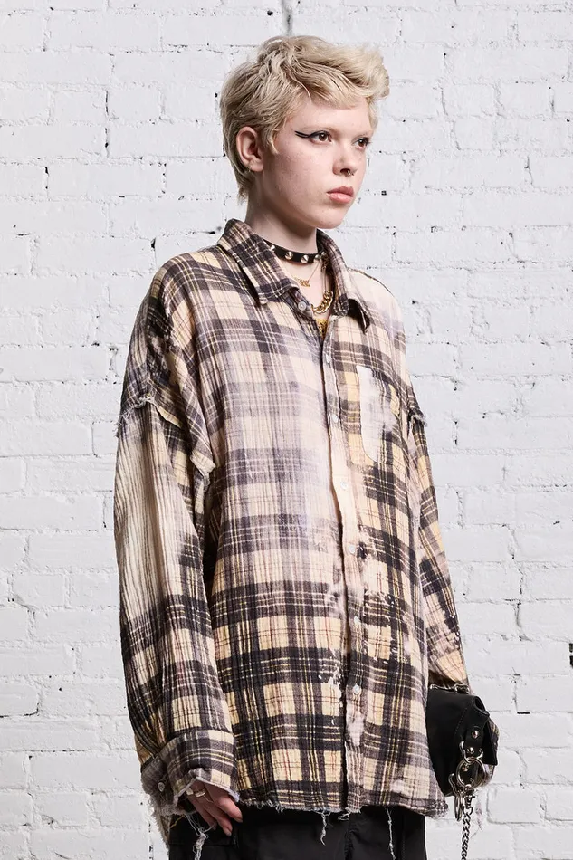 Women Tops R13 Shredded Seam Drop Neck 8211 Bleach Printed Plaid
