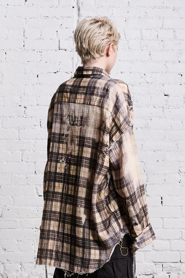 Women Tops R13 Shredded Seam Drop Neck 8211 Bleach Printed Plaid