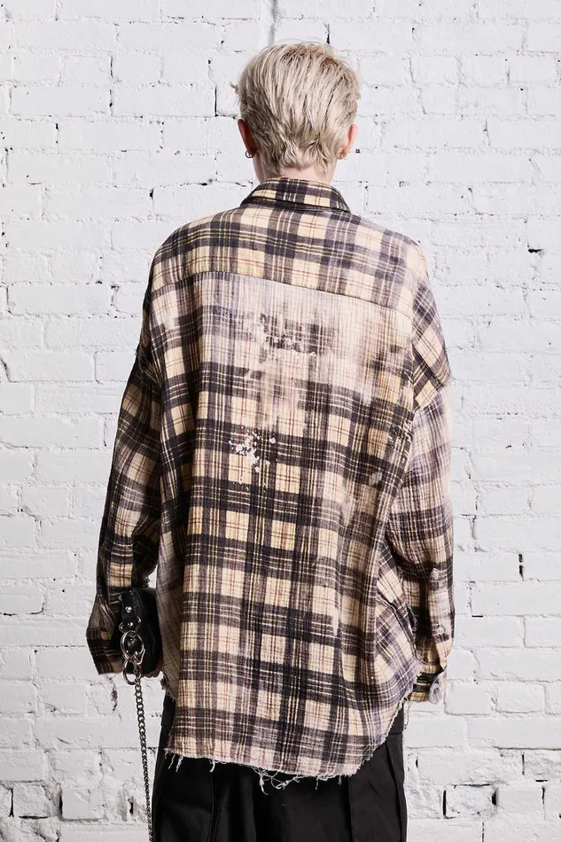 Women Tops R13 Shredded Seam Drop Neck 8211 Bleach Printed Plaid