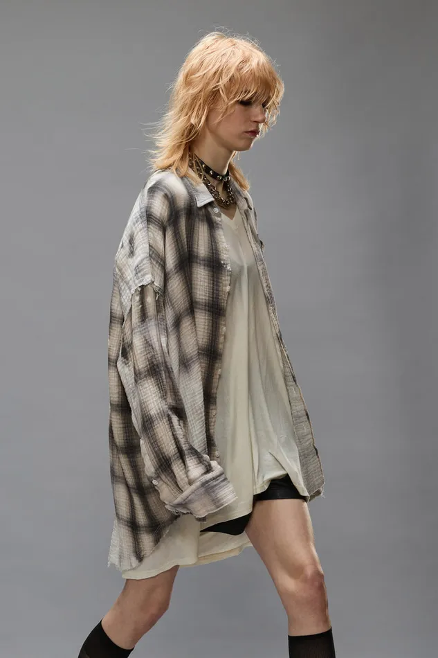Women Tops R13 Shredded Seam Drop Neck 8211 Printed Grey Plaid