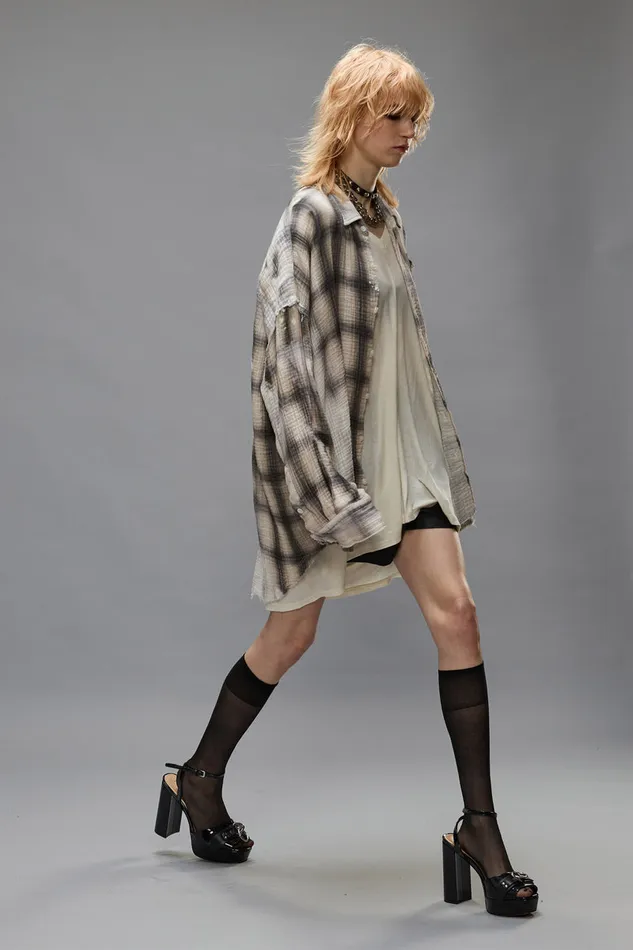 Women Tops R13 Shredded Seam Drop Neck 8211 Printed Grey Plaid
